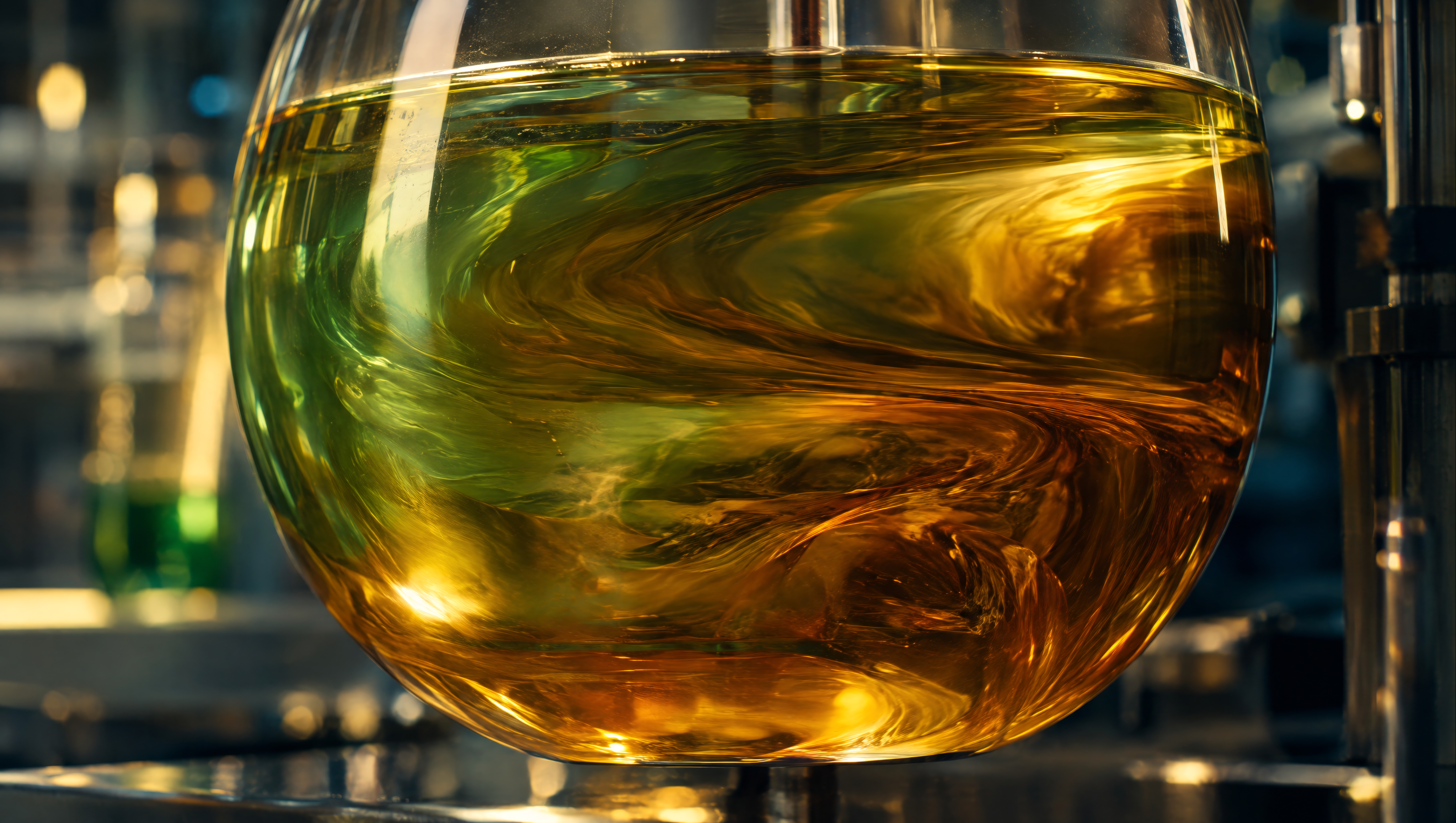 Sustainable aviation fuel, a golden liquid under laboratory light